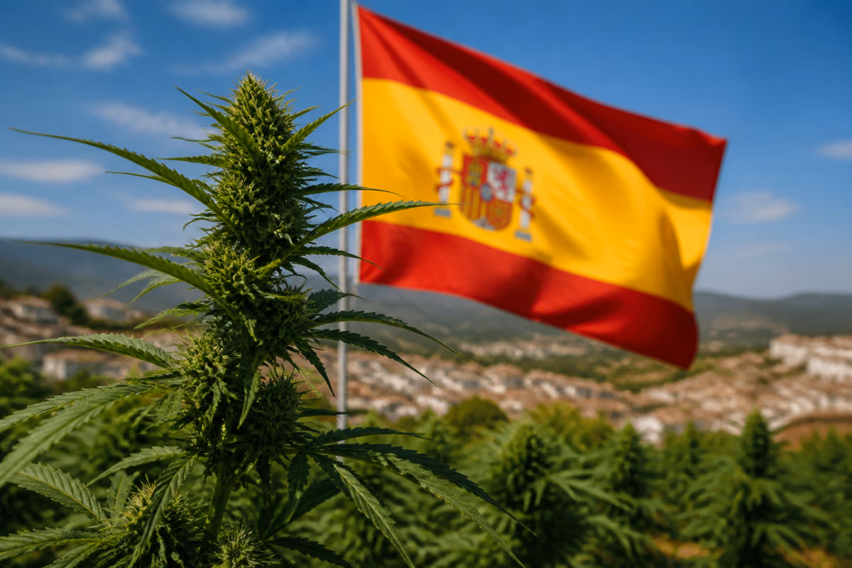 Planta de cannabis en floración ante una bandera de España ondeando y un pueblo blanco en las colinas