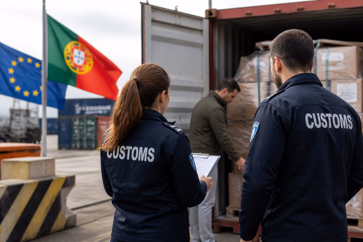 Agentes de aduanas observan a un hombre que revisa cajas en un contenedor junto a banderas de Portugal y la UE
