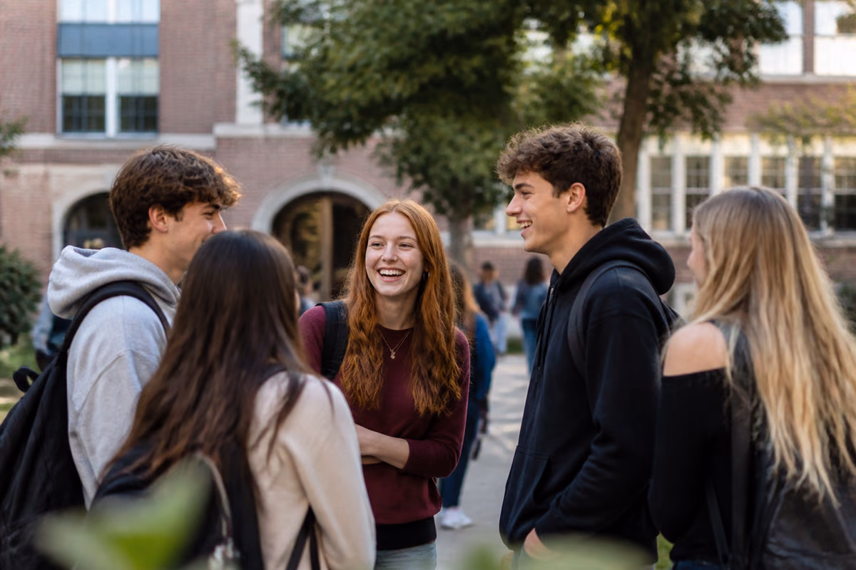 Cinco adolescentes sonrientes con mochilas charlan frente a un edificio escolar de ladrillo