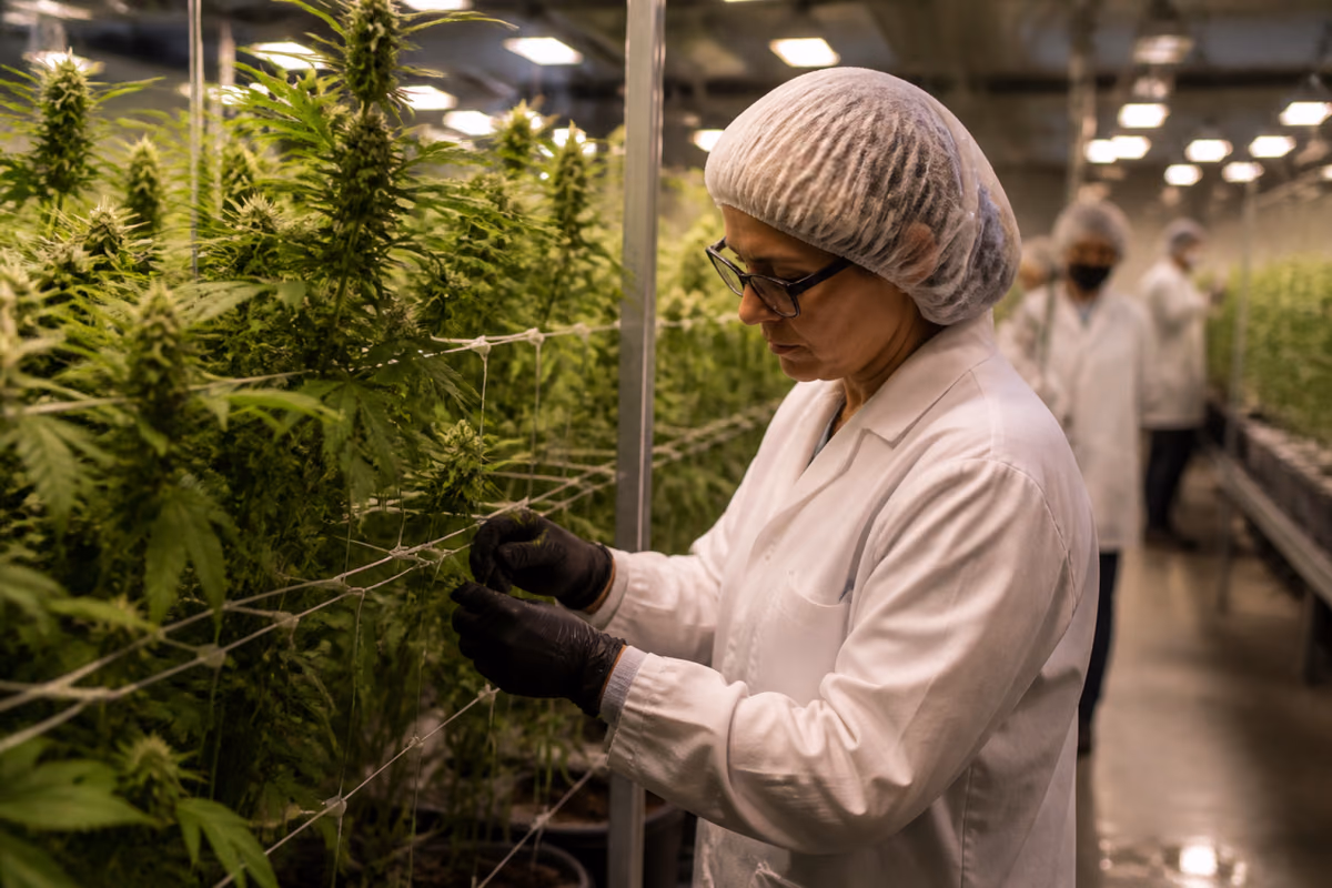Trabajadora con bata de laboratorio y cofia inspecciona plantas de cannabis en cultivo interior profesional