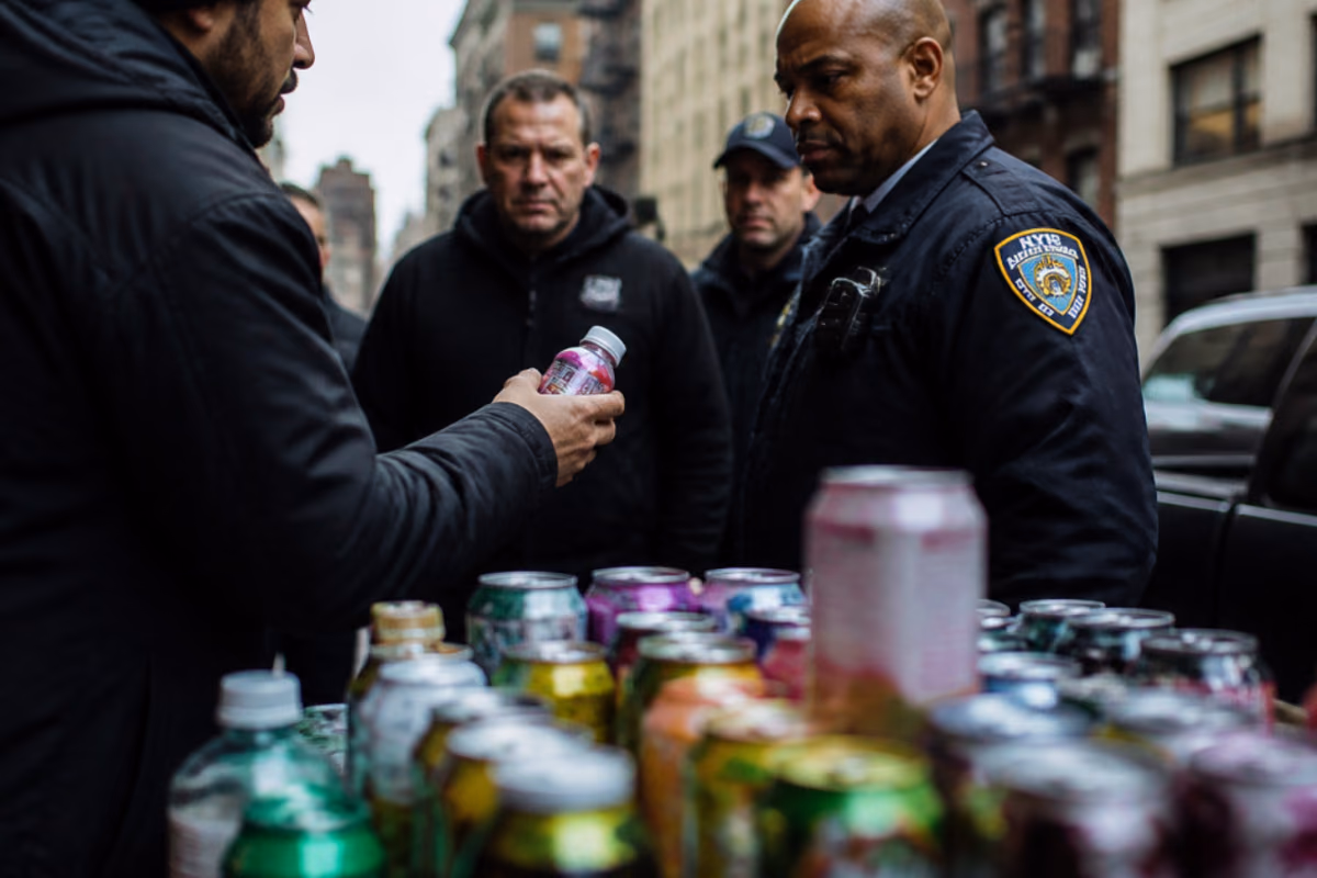 Policías de Nueva York observan una botella junto a un puesto con latas y botellas de bebidas