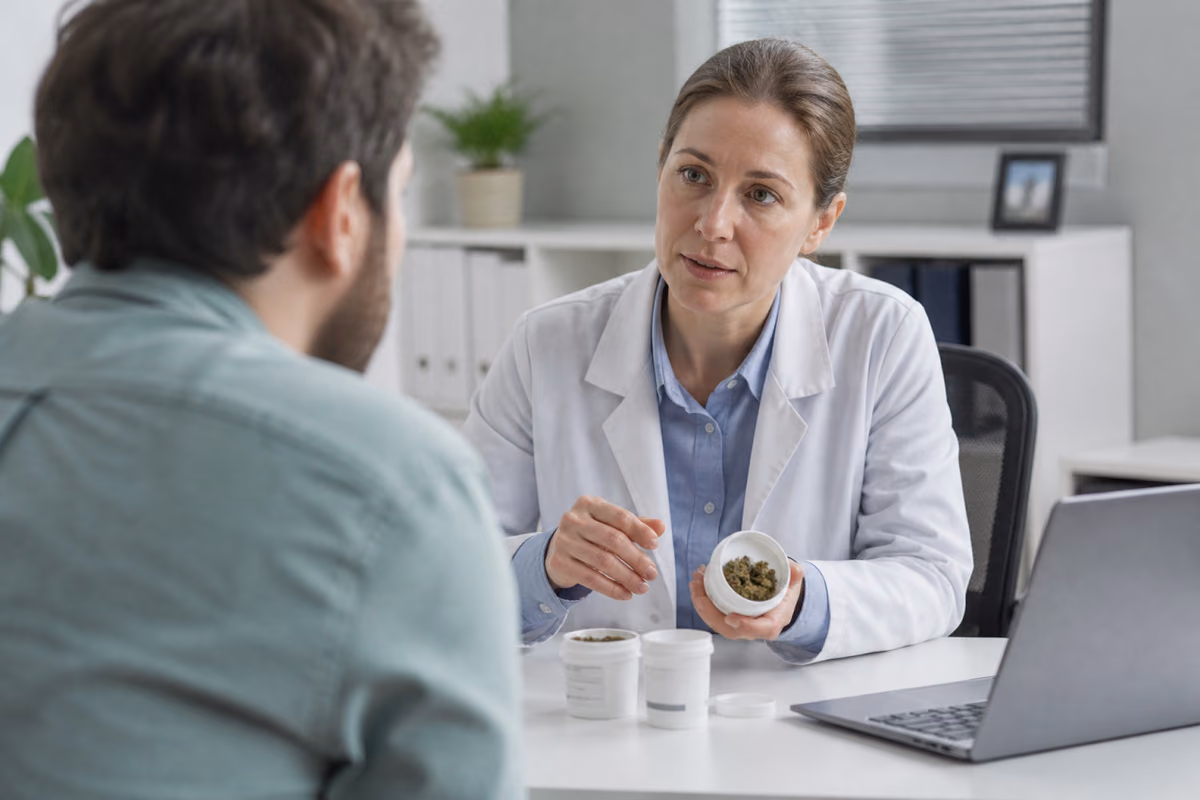 Doctora con bata blanca sostiene un frasco con flores de cannabis mientras habla con un paciente en su consulta