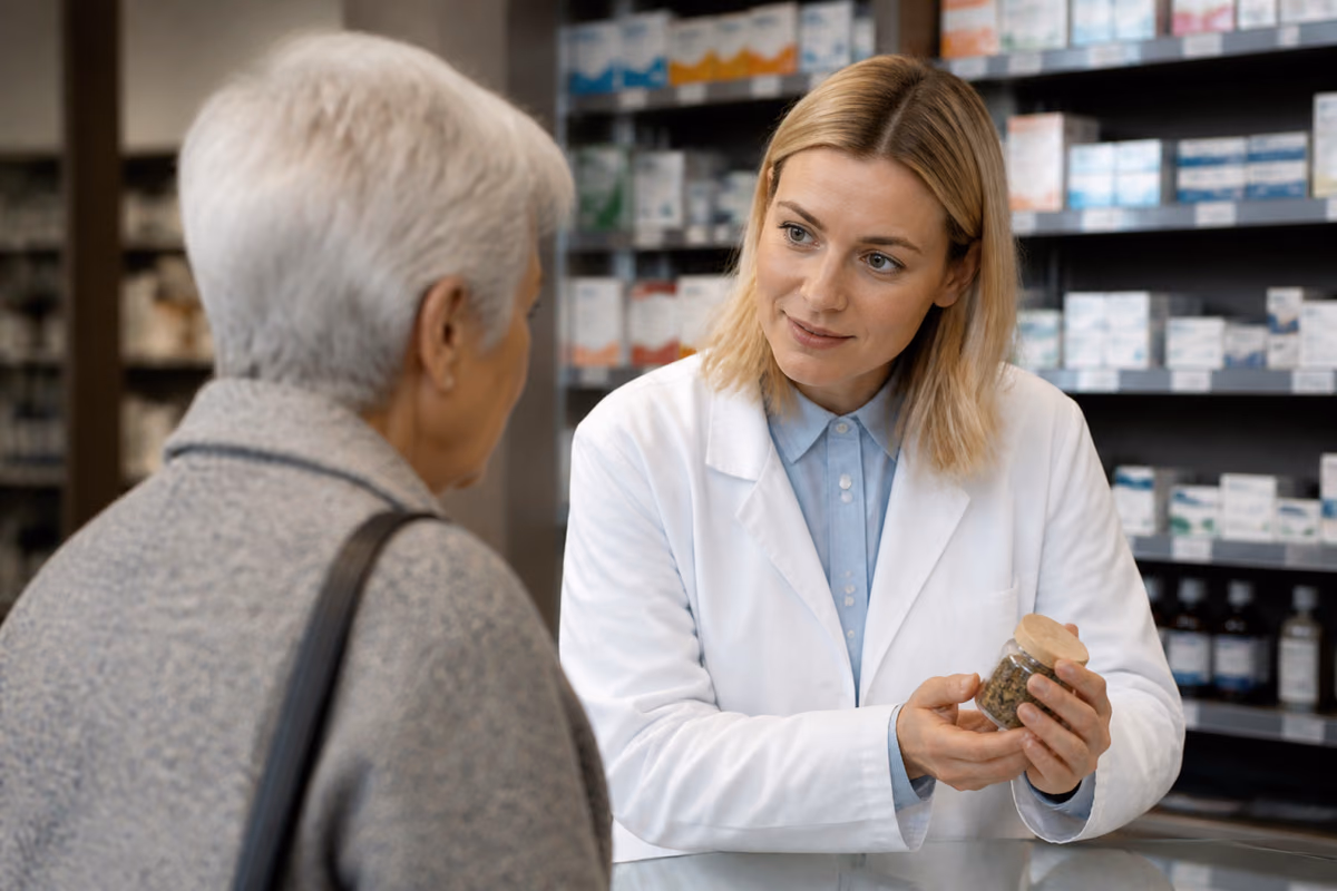 Farmacéutica con bata blanca muestra un frasco de hierba seca a una mujer mayor en el mostrador de una farmacia